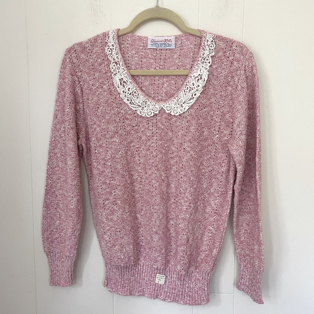 Glamour Knit Vintage Pink Sweater Lace Collar ~ Made In USA ~ Retro Barbiecore